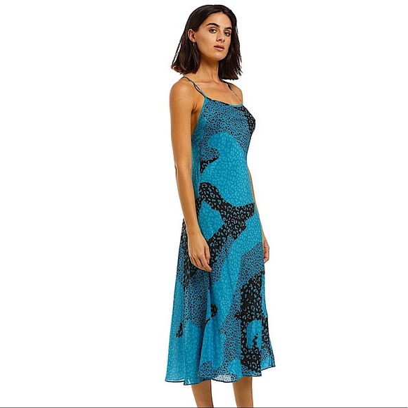 Rixo Sylvie Turquoise Blue Leopard Print Silk Midi Slip Dress Size XS NWT - Picture 7 of 14